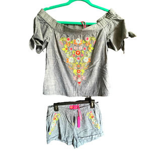 NWT Womens Crop Top & Short 2Pc Set Floral Embroidery Tie-Sleeve Size XS Blue